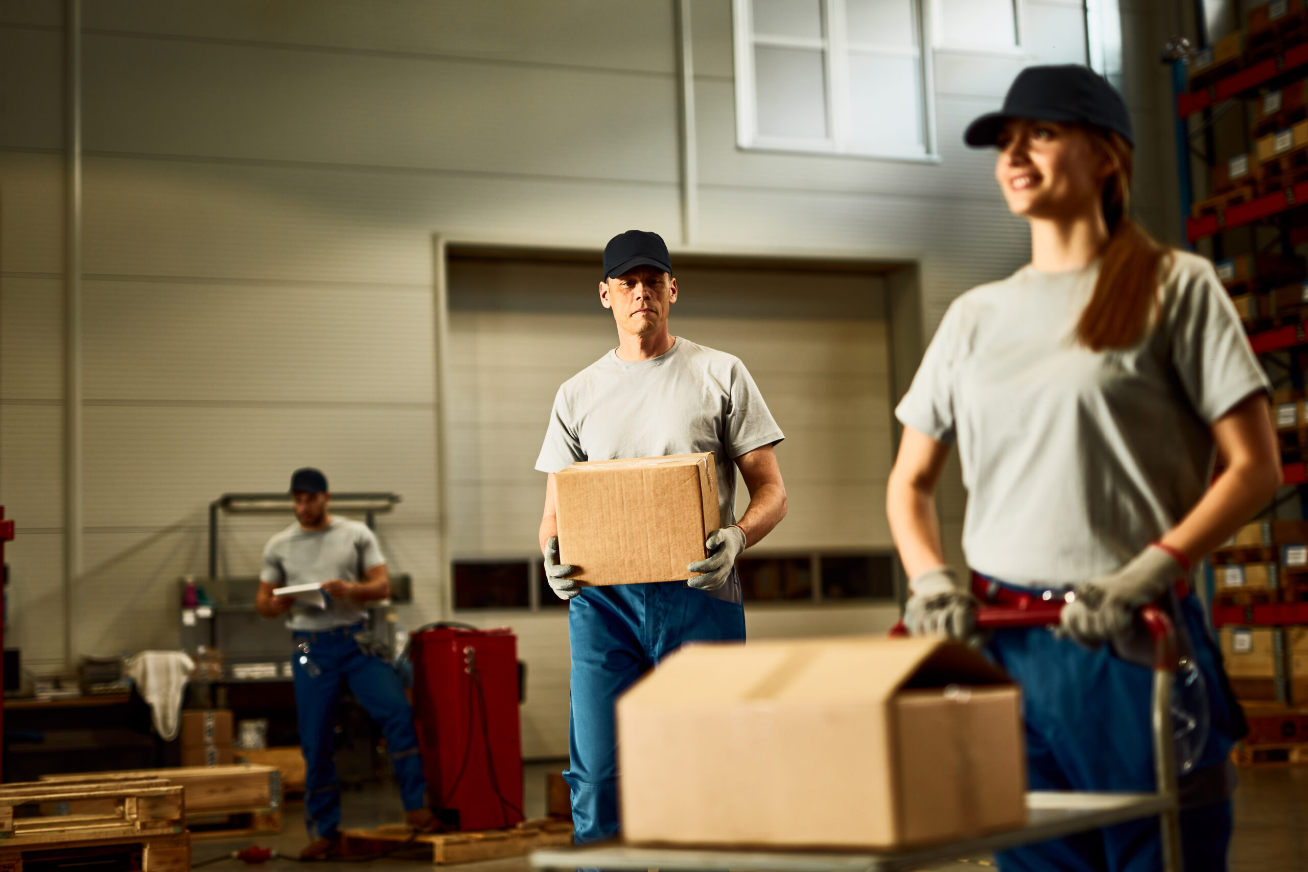Mid adult worker carrying cardboard box while working with colleagues in industrial warehouse.